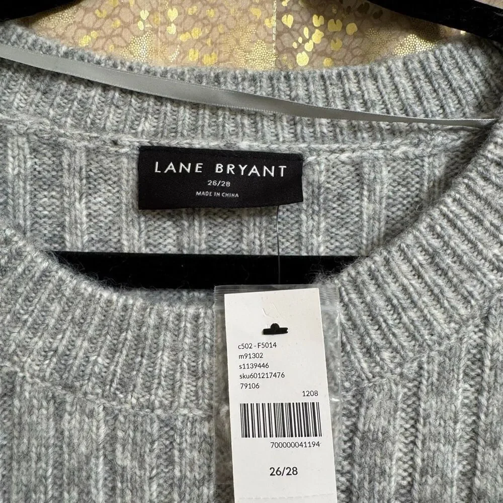 Lane Bryant Light Gray Ribbed Pearl Embellished-Sleeve Sweater 26/28 4X NWT